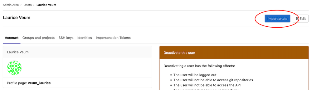 The user impersonation button.